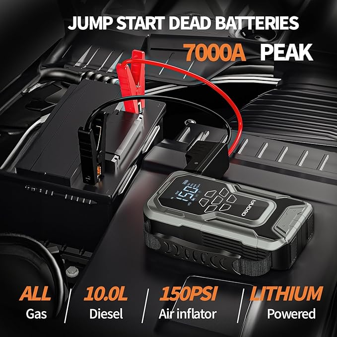 Portable Car Jump Starter with Air Compressor,7000A 150PSI Car Battery Jump Starter with Tire Inflator,12V Pack Jump Box with Large Digital Display, 21800mAh Power Bank,Smart Jumper Cable