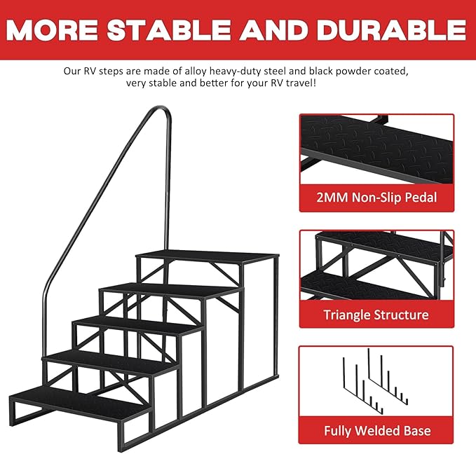 5 Step Stool Ladder, Hot Tub Steps with Anti-Slip Pedals and 2 Handrails, RV Stairs Outdoor, Heavy Duty Ladder for Travel Trailers Camper 5th Wheel RV Mobile Home Porch