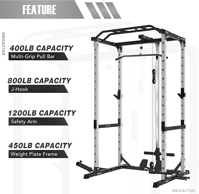 Power Rack Home Gym Package, 1600LBS Capacity Power Cage with 1.2" Diameter Multi-Grip Pull-Up Bar, LAT Pulldown System and Landmine Attachment, Gray P30