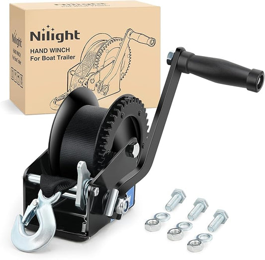 Nilight Boat Trailer Winch 1200 Lbs Hand Crank Winch Heavy Duty Boat Winches with 23Ft Strap Rope Hook 2-Way Ratchet 4:1 Gear Portable Marine Manual Winch for Trailers Boats RV ATV Jet Ski Towing