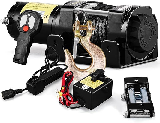 MOTORHOT 5500 lb Electric Winch with Synthetic Rope,12V DC ATV UTV Winch with Both Wireless Handheld Remote and Corded Control,IP67 Waterproof Portable Power Winch for Off-Road Recovery,Towing,Boat