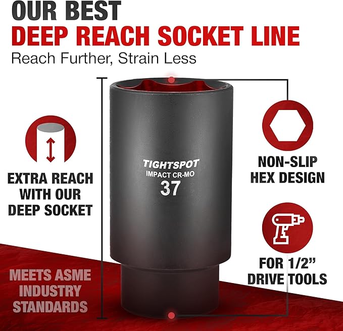 TIGHTSPOT 1/2 Inch Drive - 37 mm Deep Impact Socket with Anti-Rounding 6 Point Design, Heat-Treated CRMO Steel, Metric