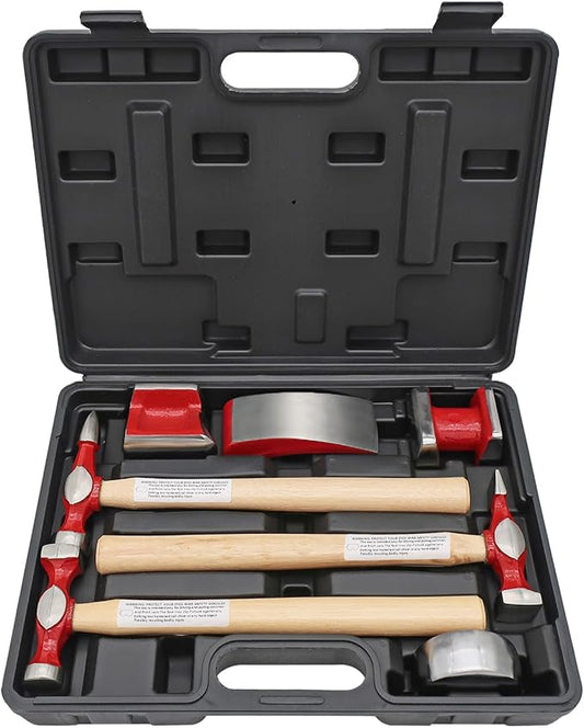 7 Piece Auto Body Repair Kit，Hammer and Dolly Tools with Carbon Steel on Wood Handles,Performance Heavy Duty Dollies Set,Roller Fixer Dent Remover Tool.