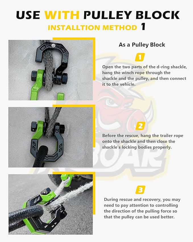 Separate D-Ring Shackle with Pulley Block, Towing Winch Snatch Block & 3/4" Separate D-Ring Shackle 2in1 Set, 57320lbs(26T) Breaking Strength, for Recovery, Blackgreen