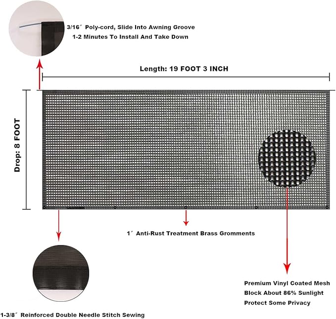 Tentproinc RV Awning Sun Shade Screen 8' X 19' 3'' (Fit for 20' Awning) Mesh Sunshade for Motorhome Camping Trailer Awning Sunscreen Shadescreen Block UV Glare - 3 Year Warranty (Black)