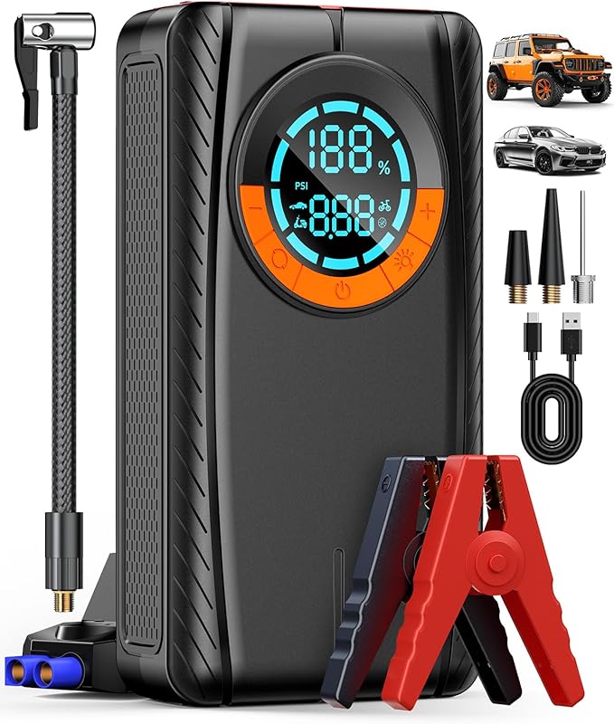 Jump Starter with Air Compressor, Car Battery Jump Starter (8.0 Gas/7.0L Diesel), Battery Jumper Starter Portable Jump Box, 12V Portable Car Jump Starter with Tire Inflator, LED Light (Model)