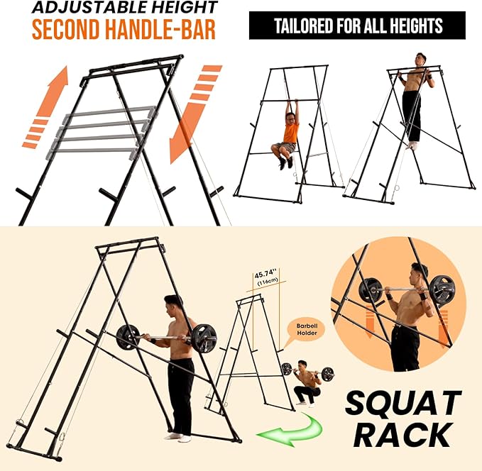 KT Rust-resistant Tall Pull Up Dip Station Squat Rack Foldable Power Tower Stable Multifunctional Exercise Machine Durable Home Gym Strength Training Fitness Equipment Portable Indoor Outdoor Free Standing