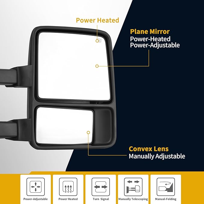 DWVO Power Heated Towing Mirrors for 1999-2007 Ford F-250, F-350, F-450 Super Duty and 2001-2005 Excursion, Amber Turn Signal, Extendable, Foldable Tow Side Mirrors, Pickup Accessories, Black
