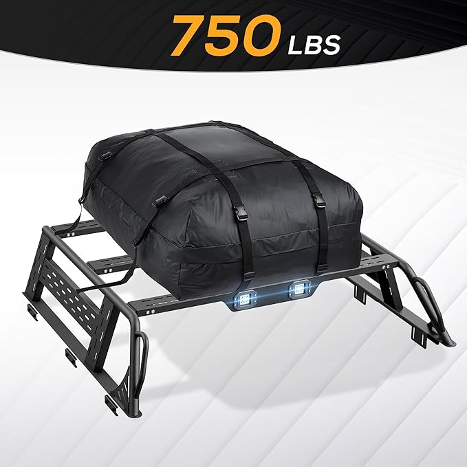 for F150 13.8" High Full-Size Overland Bed Racks Truck Cargo Carrier with 2 LED Lights Compatible with 1992-2025 Ford F150 with Bed Rails, 750 LBS Truck Rear Ladder Rack Back Cross Bars