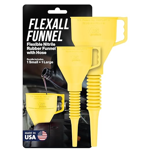FlexAll Funnel Bundle - Long Flexible Funnels with Hose for Automotive Use - Nitrile Rubber Funnels with Handle for Oil Change and Transmission Fluid - Gas, Diesel, & Oil - Yellow (Small + Large)