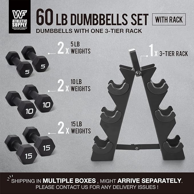 WF Athletic Supply Black Neoprene Dumbbell Set, Non-Slip & Hex Shape, Great for Muscle Toning, Strength Building & Weight Loss; Sizes, Dumbbells Only & w/Rack Options Available