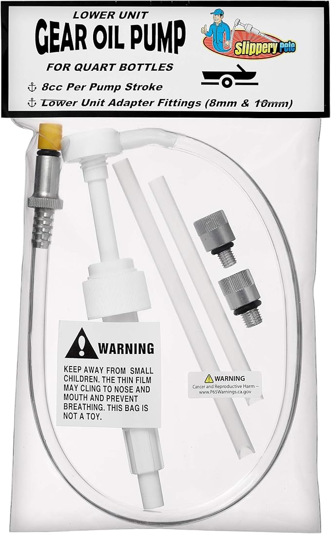Slippery Pete - Lower Unit Gear Oil Pump for Standard Quart Bottles, Includes 3/8 inch Metal Swivel, 8mm and 10mm Adapters Fit Most Marine Boat Outboard Motors (NOT COMPATIBLE WITH VOLVO PENTA)