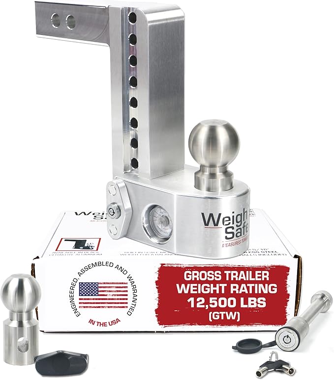 Weigh Safe Adjustable Trailer Hitch Ball Mount - 8" Drop Hitch for 2" Receiver w/ 2 pc Keyed Alike Lock Set, Premium Aluminum Trailer Tow Hitch w/ Built in Weight Scale for Anti Sway, 12,500 lbs GTW