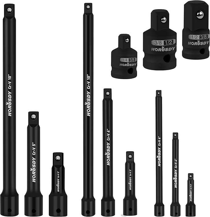 HORUSDY 12Pcs Socket Extension Set, 1/4", 3/8" and 1/2" Impact Drive Socket Extension, Socket Adapters, Drive Tool Accessory, CR-V Steel