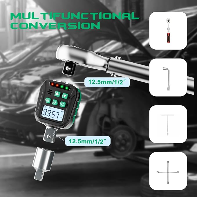1/2-Inch Digital Torque Adapter, 5.02-99.57 Ft.lb/6.8-135 N.m, Electronic Torque Wrench Converter with ±2% Accuracy, Preset Function, Data Storage, 3/8” & 1/4” Adapter for Bike, Moto, Car