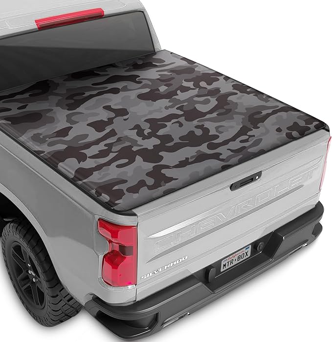 Camo Soft Roll-Up Truck Tonneau Cover for Chevy Silverado 1500 / GMC Sierra 1500 (2007-2018) with 5.8 ft Bed Length, All-Weather Retractable Truck Bed Cover with Black Camo Graphic