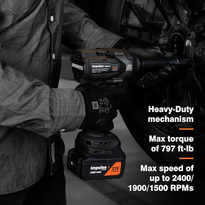 Impulse 1/2" Cordless Impact Wrench Kit with Two 21V Lithium-ion Batteries Included, Hight-torque 797 ft-lb, Charger, 3-Speed, Brushless Motor-type, Design for Heavy-duty Applications