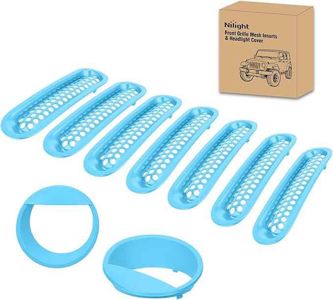 Nilight Grill Inserts fit for Jeep Wrangler Front Grille Mesh Inserts & Headlight Cover Set for JK JKU Unlimited Sports Sahara Freedom Rubicon 2007-2018 Clip-in Trim Exterior Accessories Blue 9 Pcs