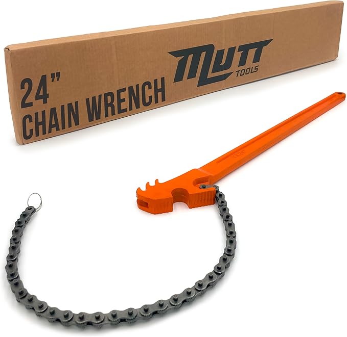 Mutt Tools Chain Wrench 24 Inch - Heavy Duty Chain Pipe Wrench with I-Beam Handle for Large Pipes & Oil Filters - Professional Millwright Tool with 6" Max Clamp - Rust-Resistant Finish
