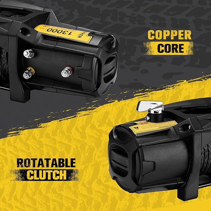 BUNKER INDUST 13000lb Electric Winch 12V Waterproof with Synthetic Rope Fairlead for Truck SUV,DT Socket and a Terminal in Control Box Ready for Added Appliances,Wire and Wireless Remote Control