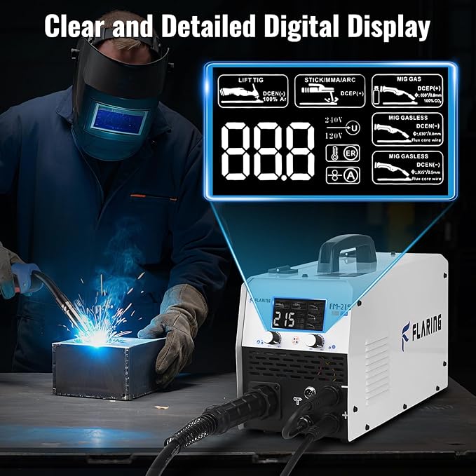 FLARING 215Amp MIG Welder 120V/240V 6 IN 1 Welding Machine Flux Core/Gas MIG/Stick/Lift TIG/Spot welding/Spool Gun Multi-Process Aluminum Welding 2lbs/11lbs Wire Competible LED Display Portable Welder
