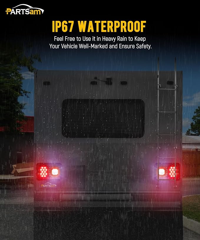 Partsam 2Pcs Double Led Trailer Tail Lights with Horizontal Mount Dual Stop Turn Tail Backup Reverse Lights 33 LED, Surface Mount RV Double Led Taillights, RV Double Led Tail Lights, Black Base