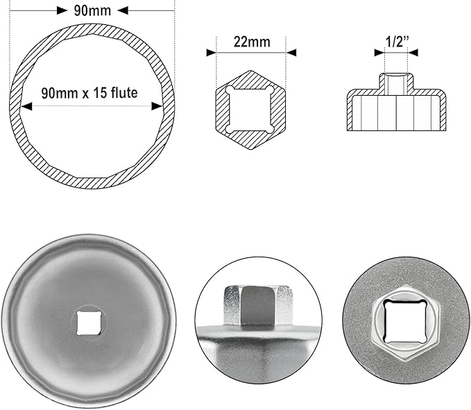 Jetech Oil Filter Cap Wrench 90mm x 15 Flute, Cartridge Type Socket Removal Tool with 15 Flutes and 90mm Inner Diameter