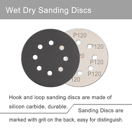 100 Pcs 5 Inch Sanding Discs Hook & Loop 8 Holes Wet Dry 120 Grit Sandpaper Silicon Carbide Sand Paper for Orbital Sander Automotive Wood Plastic Metal Polishing (100Pcs 120 Grit)