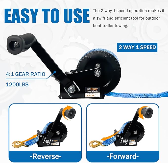 1200lbs Heavy Duty Boat Trailer Winch,Hand Winch with 33ft Blue Polyester Strap,4:1Gear Portable Winch with Hook,Two Way Ratchet and Two Speed Switchable for Boat Jet Ski Trailer