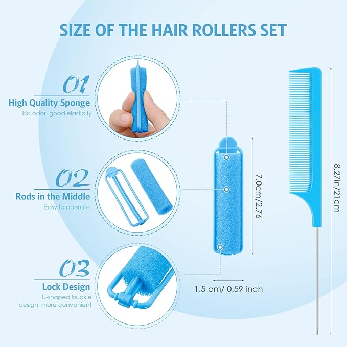 Syhood 43 Pcs Foam Sponge Hair Rollers Women 0.59 Inch Soft Sleeping Curlers Flexible Sponge Curler Tool and Rat Tail Comb for Hair Styling Hairdressing Overnight Curl and Volume(Dark Blue)