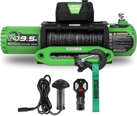 Winch 9500lb Electric Winch 12V Winch with Synthetic Rope Car Trailer Winch with Green Hawse Fairlead Wireless Remote and Wired Handle for Truck SUV Jeep