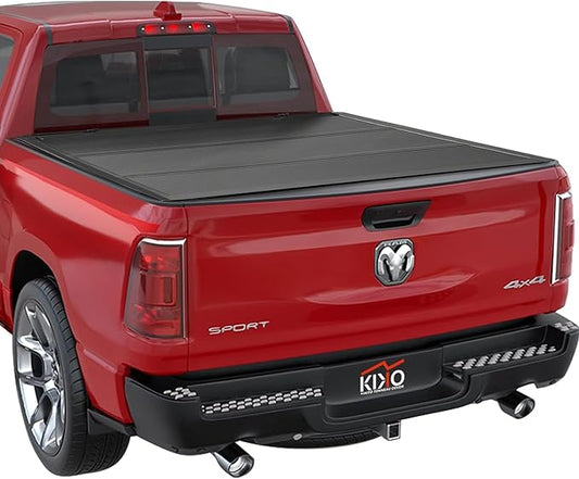 Kikito HTL Truck Bed Tonneau Cover Compatible with 2019-2025 Ram 1500 (New Body Excl. Classic), 6'4" (76in) Truck Bed w/Track System Low-Profile Style FRP Hard Folding Truck Cover No-Drill 100% Access