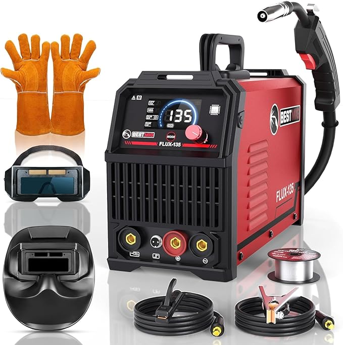 BESTMIG 135A MIG Welder - 3-in-1 Flux Core Welder, MIG/Lift TIG/Stick Welding Machine - Portable IGBT Inverter - 110V with Welder Helmet and Gloves (Red Black, MIG 135A Welder)