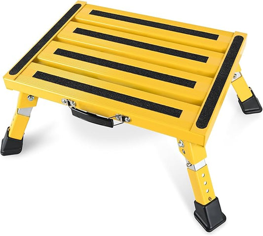 Nilight RV Step Stool Portable Folding Aluminum Platform Steps with Handle 16.5x11.8 Anti-Slip Surface Adjustable Height Step with Rubber Feet Support Up to 500lbs for Camping Travel Trailer (Yellow)