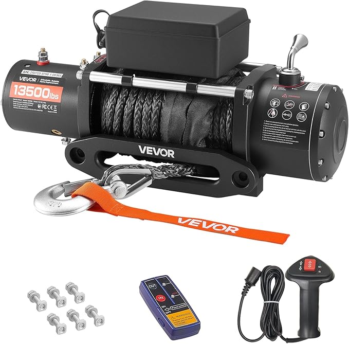 VEVOR Electric Winch, 13500 lbs Load Capacity, 12V DC Truck Winch with Φ3/8 in x 85 ft Synthetic Rope, Wireless & Wired Remote Control, IP55 Waterproof for Towing Off-Road SUV Jeep Trailer Boat