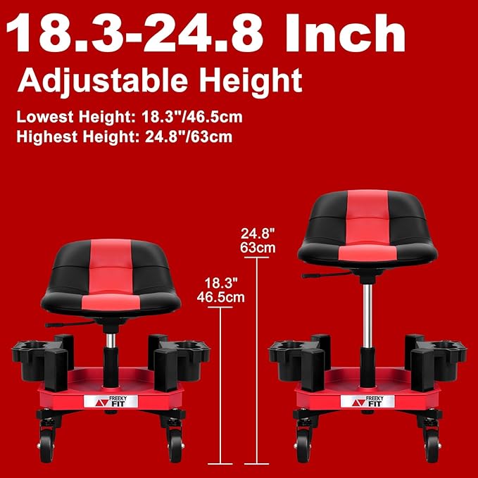 Rolling Shop Stool with Wheels, Adjustable Garage Mechanic Stool Seat Shop Roller Work Chair Mobile Rolling Seat with Tool Tray, 2 Cup Holders, 4" Casters, 350 LBS, Heavy-Duty, Red