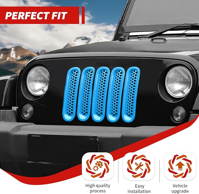 Front Grille Inserts Grill Mesh Clip-on Trim Covers Exterior Accessories Compatible with Jeep Wrangler JK & JKU 2007-2017,Light blue