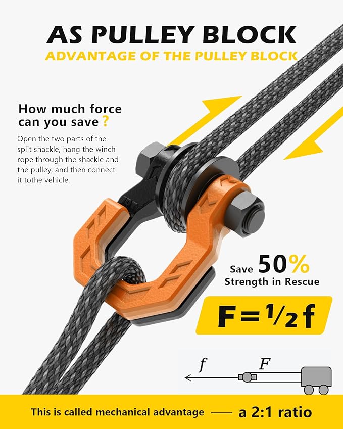 Separate D-Ring Shackle with Pulley Block, Towing Winch Snatch Block & 3/4" Separate D-Ring Shackle 2in1 Set, 57320lbs(26T) Breaking Strength, for Recovery, BlackOrange