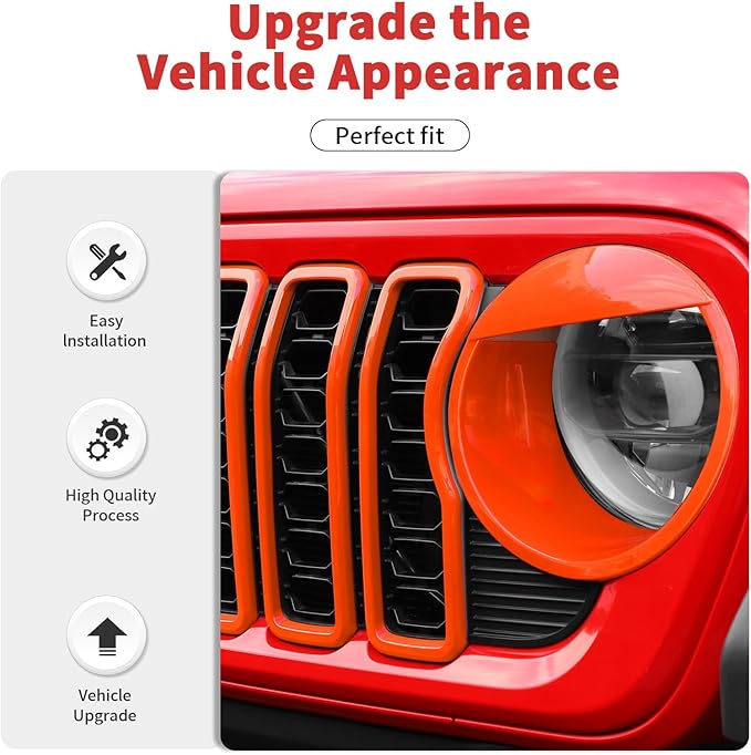 Front Grill Insert+ Headlight Bezels Cover Kit Compatible with 2024-2025+ Jeep Wrangler JL JLU & Gladiator JT, Not Fit for JL Sport & Sports(Orange,Style A)
