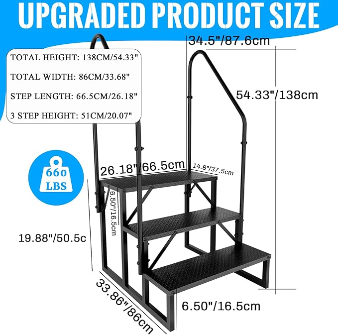 RV Step 3 Step Ladder, Upgrade RV Step with Handrails, Heavy Duty RV Stairs with Anti-Slip Pedal Hot Tub Steps, Removable Camper Step for Spa/Porch/Pet/Mobile Home（2 Handrails