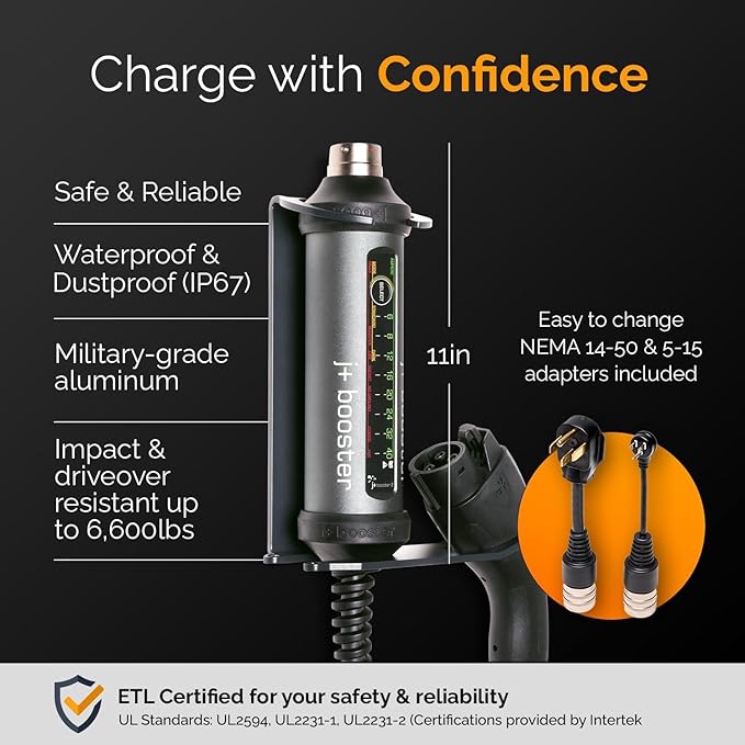 J+ Portable Level 2 EV Charger 40 amp (J1772, 9.6KW), 240V Electric Vehicle Charging Stations, EV Charger Level 2 NEMA 14-50 & 5-15 ETL Certified, EVSE, IP67, 25ft Cable, Indoor/Outdoor EV Car charger