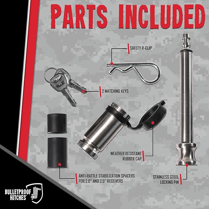BulletProof Hitches - 5/8" Trailer Hitch Locking Pin - Universal Fit, Stainless Steel, Weather Resistant Rubber Cap - Silver, 1 Pack