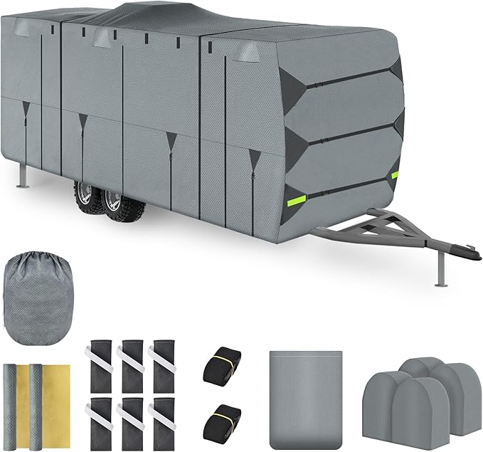 Travel Trailer RV Cover - Upgraded Anti-UV Winter Camper Fits 24-27 ft, Utility 5 Layers Heavy Duty with Tongue Jack Cover, Extra Windproof Straps