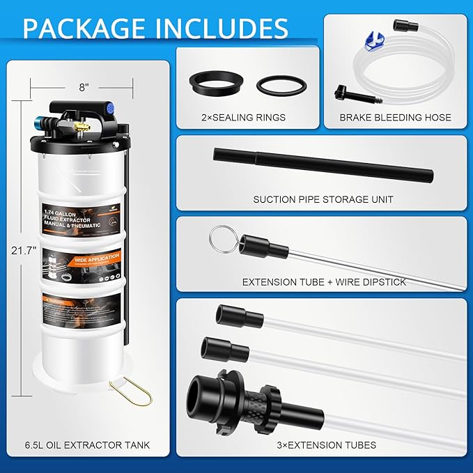 YSTOOL 6.5L Pneumatic and Manual Fluid Extractor Pump Set with Oil Vacuum Change Evacuator, Extension Tubes and Brake Bleeding Hose for Automotive Agricultural Machinery