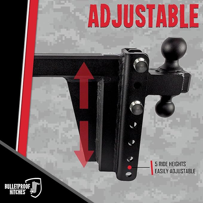 BulletProof Hitches - 2.0" Adjustable Extreme Duty Trailer Hitch (30,000 lb. Rating) - 8" Drop/Rise with 2" and 2 5/16" Dual Ball - Powder Coat, Solid Steel, Corrosion-Resistant