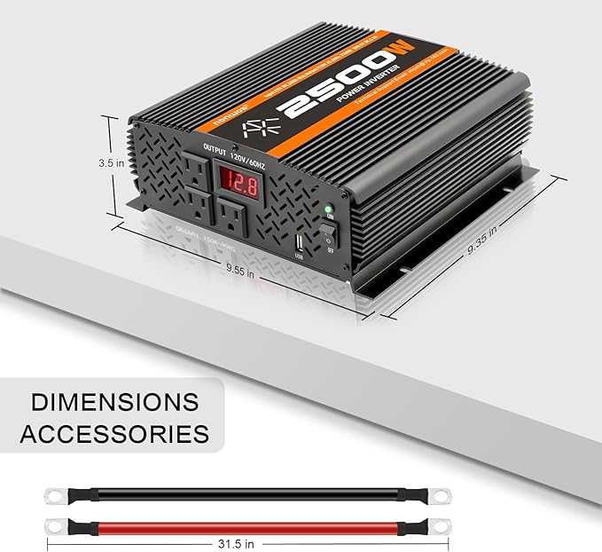 2500 Watt car Power Inverter 12V to 110V /120V, 2000+ watt invertor for RV semi Trucks Vehicles 12V to 110V Converter with 3 AC outles and LCD Screen - 2500W