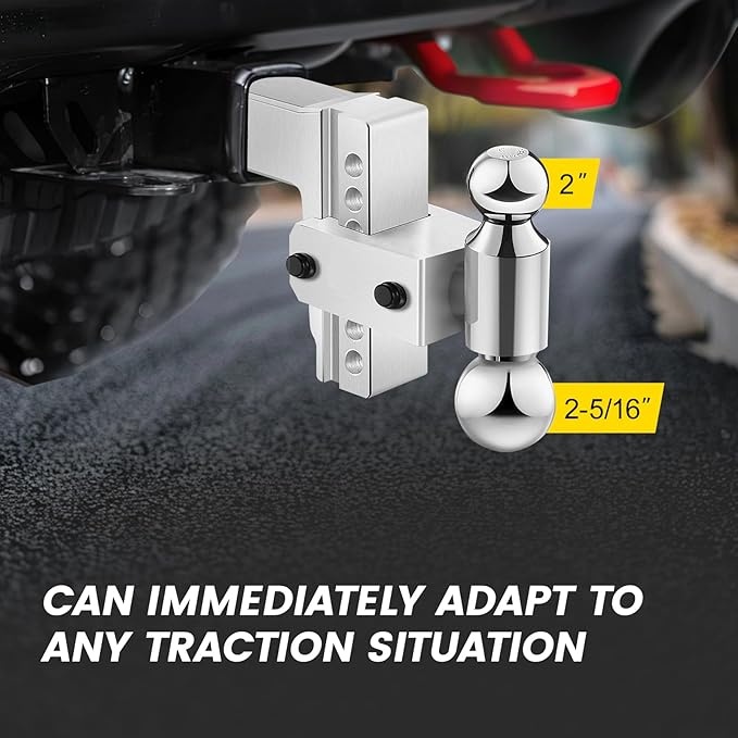 Adjustable Trailer Hitch for 2.5” Receiver, 18500 LBS GTW Aluminum - 6” Drop/Rise with 2-inch and 2-5/16 inch Dual Ball, w/Anti-Theft Lock & Hitch Tightener Silver