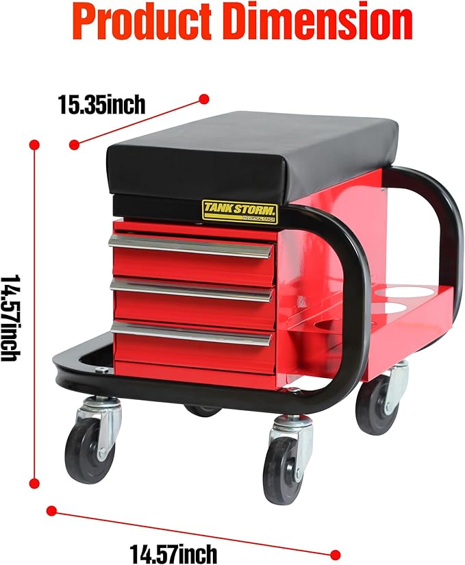 Tool Box Built-in Creeper Seat, Garage Shop Roller Seat, 3 Drawers Heavy Duty Tool Chest with 4 Rolling Casters-350 Lbs Capacity