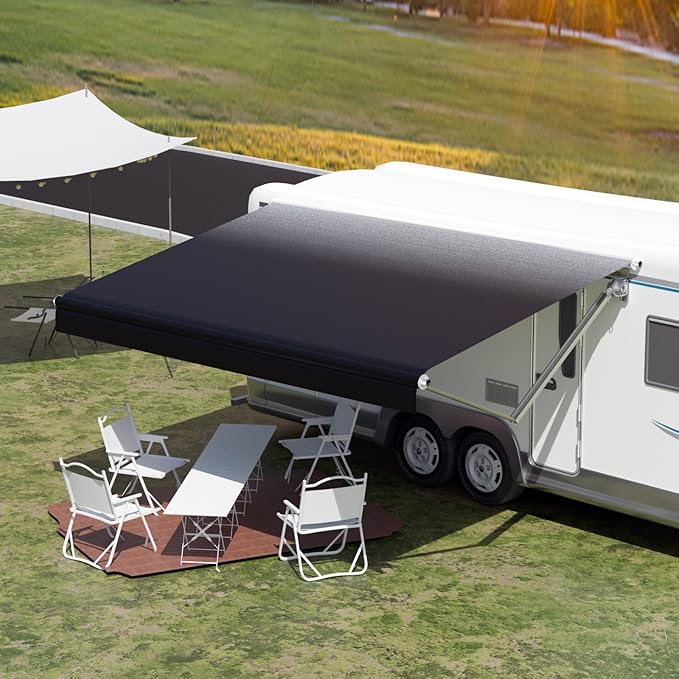 RV Awning Fabric Replacement,Camper Trailer Motorized Awning Replacement for Motorhome,Heavy Duty Weatherproof 18.5oz Outdoor Vinyl RV Canopy 16'(Fabric 15'2") Black Fade