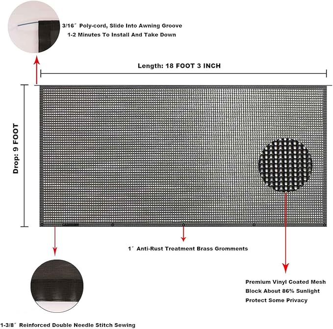 Tentproinc RV Awning Sun Shade Screen 9' X 18' 3'' (Fit for 19' Awning) Mesh Sunshade for RV Awning Sunscreen Block UV Glare Motorhome Camping Trailer Awning Shadescreen - 3 Year Warranty (Black)